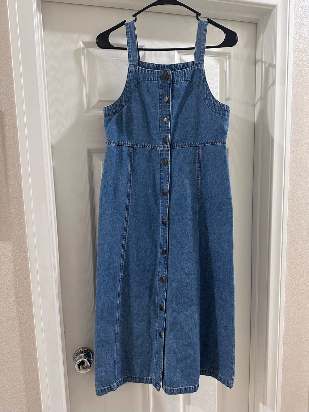 Denim Midi Dress with Button-Front Straps - Blue
